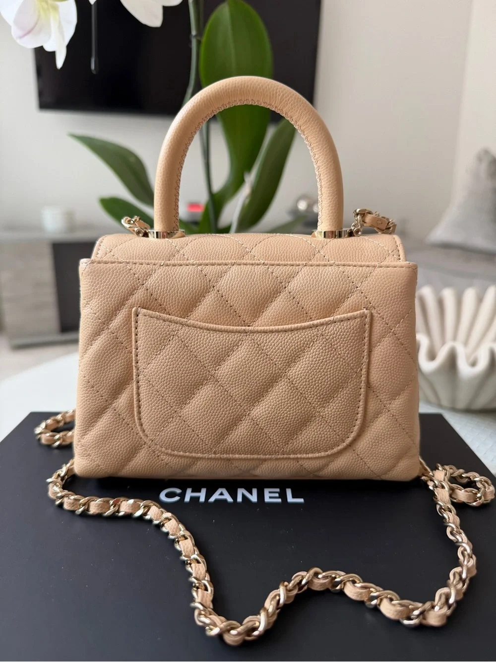 Chanel 24K AP4244 Micro Coco Handle Extra Mini Flap Beige Caviar Clutch GHW Bag